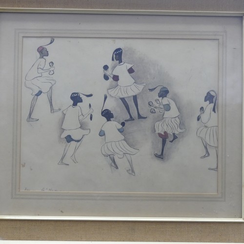 191 - 20th century school, Dancers G'Naoua, pencil, ink and wash sketch, signed under overmount with initi... 