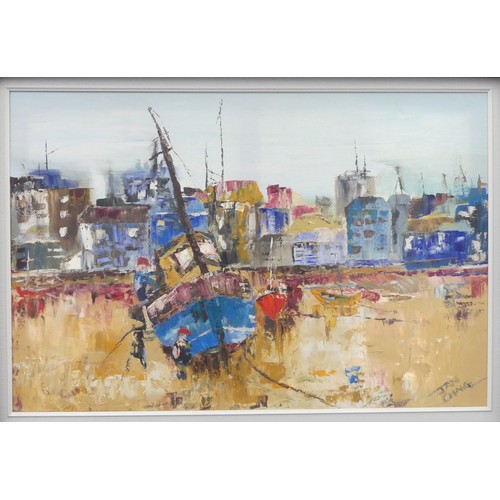 193 - Jan Chave (Contemporary), Devon harbour scene with fishing boats, oil on canvas, signed lower right,... 