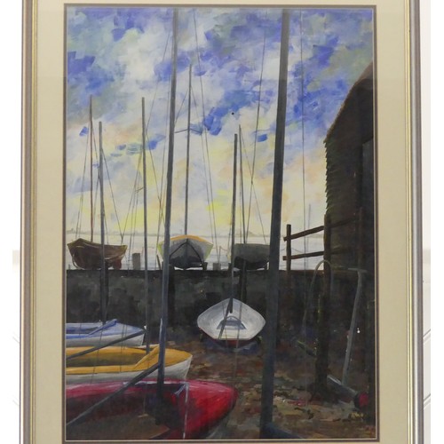 209 - 20th/21st century school, Fishing boat beside a quay, acrylic on board, 60cm x 43cm, framed, togethe... 