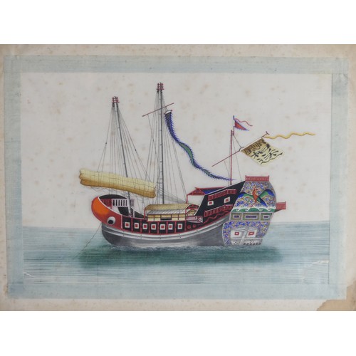 133 - A set of ten Chinese Export paintings of Junks and Sampans, Qing Dynasty, 19th century, on pith pape... 