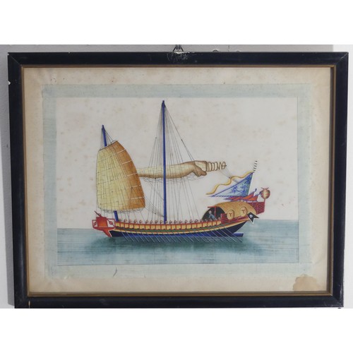 133 - A set of ten Chinese Export paintings of Junks and Sampans, Qing Dynasty, 19th century, on pith pape... 