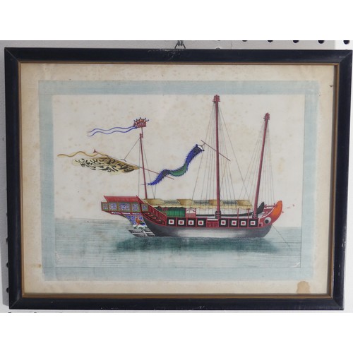 133 - A set of ten Chinese Export paintings of Junks and Sampans, Qing Dynasty, 19th century, on pith pape... 