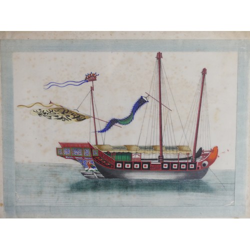 133 - A set of ten Chinese Export paintings of Junks and Sampans, Qing Dynasty, 19th century, on pith pape... 