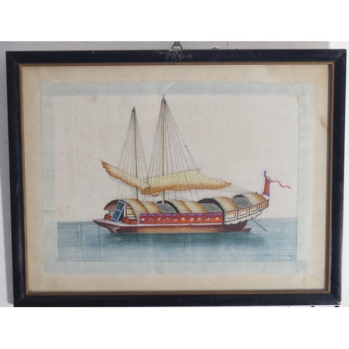 133 - A set of ten Chinese Export paintings of Junks and Sampans, Qing Dynasty, 19th century, on pith pape... 