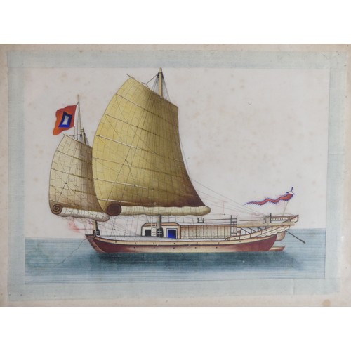 133 - A set of ten Chinese Export paintings of Junks and Sampans, Qing Dynasty, 19th century, on pith pape... 