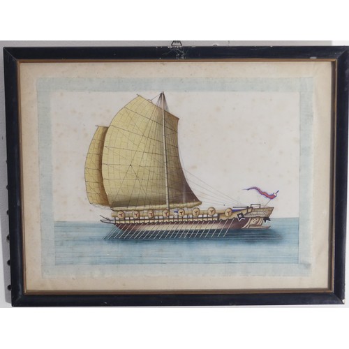 133 - A set of ten Chinese Export paintings of Junks and Sampans, Qing Dynasty, 19th century, on pith pape... 