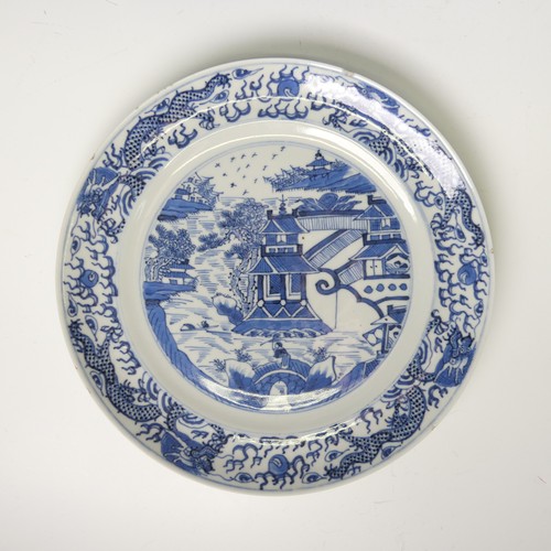 137 - A set of nine Chinese blue and white Dinner Plates, all decorated with riverside village landscape, ... 