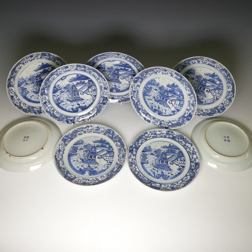 137 - A set of nine Chinese blue and white Dinner Plates, all decorated with riverside village landscape, ... 