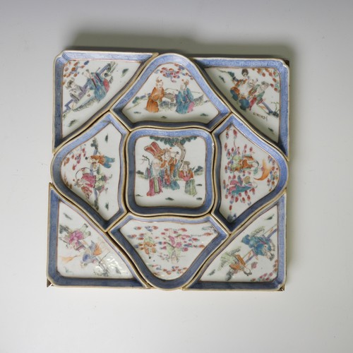 138 - A late 19thC Chinese porcelain Hors D'Oeuvres Set, comprising nine dishes forming a square shape, ea... 