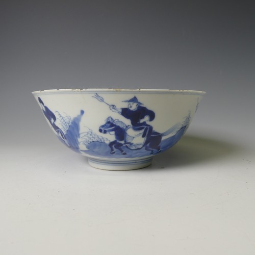 141 - An antique Chinese blue and white Bowl, depicting warriors on horseback and the interior with floral... 