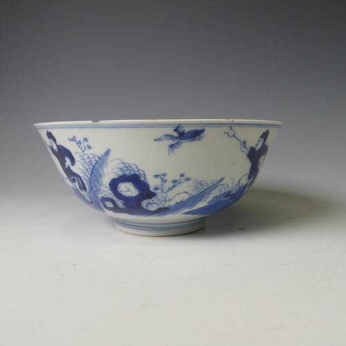 141 - An antique Chinese blue and white Bowl, depicting warriors on horseback and the interior with floral... 