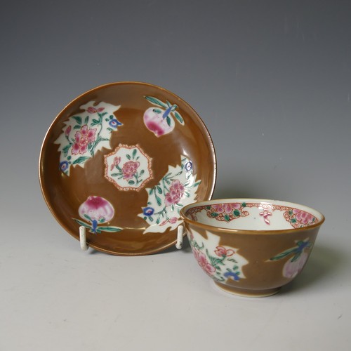 148 - A pair of 18thC Chinese cafe-au-lait famille rose Bowls, the brown ground interspersed with shaped a... 