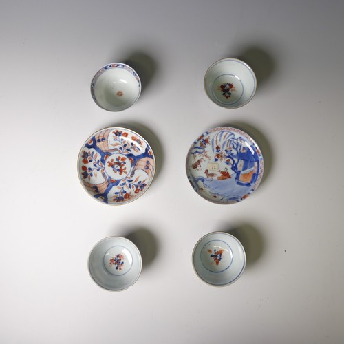 153 - A set of three 19thC Chinese imari palette Teabowls, D 8cm, with corresponding Saucer, D 12cm, decor... 