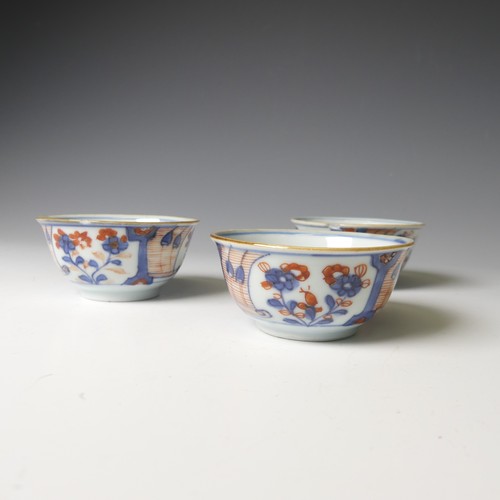 153 - A set of three 19thC Chinese imari palette Teabowls, D 8cm, with corresponding Saucer, D 12cm, decor... 