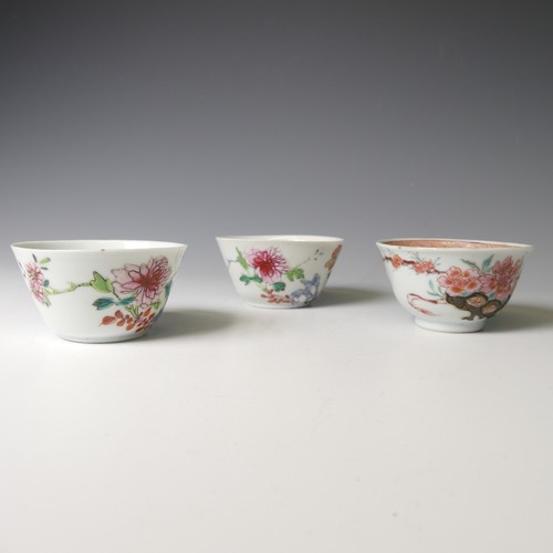 154 - A pair of 19thC Chinese famille rose porcelain Teabowls, decorated in enamels of flora, D 8cm, with ... 