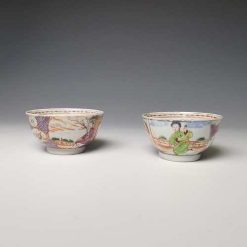 154 - A pair of 19thC Chinese famille rose porcelain Teabowls, decorated in enamels of flora, D 8cm, with ... 