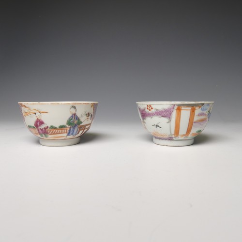 154 - A pair of 19thC Chinese famille rose porcelain Teabowls, decorated in enamels of flora, D 8cm, with ... 