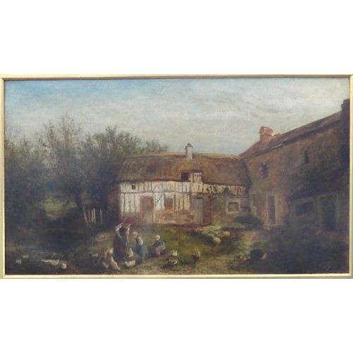 215 - J. C. Thon (19th century), A mother and her children feeding chickens outside a farmhouse, oil on ca... 