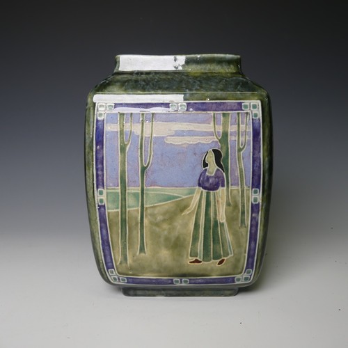 Leslie Harradine (1887-1965) for Royal Doulton, a stoneware Art Nouveau square Vase, depicting a lady in a wood to one side and a lady shepherding a goose to the other, impressed factory marks to base, one small area of possible restoration to tube lining above the lady shepherding a goose, H 22cm.
