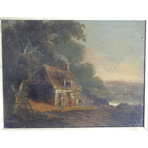 226 - 18th century school, Figures beside thatched cottage in a wooded river landscape with a bridge in th... 