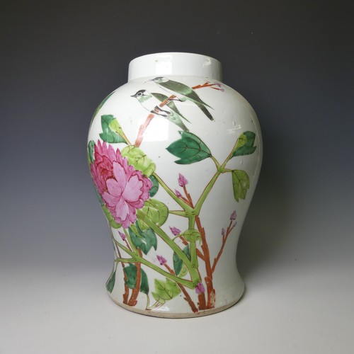 160 - A pair of early 20thC Chinese porcelain Temple Jars, lacking lids, decorated with birds and flowers ... 