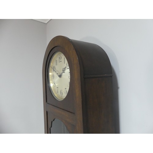 258 - A 1930's oak cased Westminster chiming Longcase Clock, with silvered dial and Arabic chapter ring, c... 