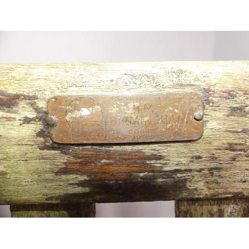 492 - Garden Furniture; a teak Garden Bench, made from wood from HMS Birmingham, with brass plaque, weathe... 