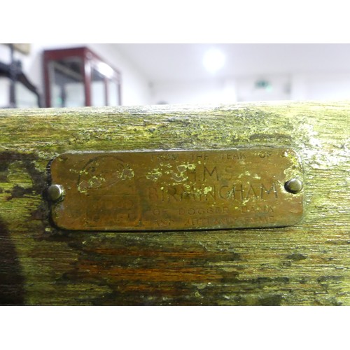 492 - Garden Furniture; a teak Garden Bench, made from wood from HMS Birmingham, with brass plaque, weathe... 