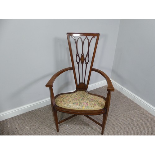 315 - An Edwardian mahogany Sheraton Revival Open Armchair, the fan back with central inlaid rosette desig... 