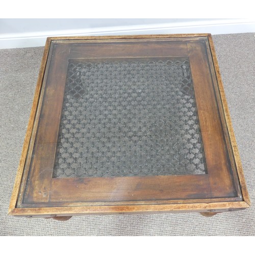 327 - A 20th century rustic style oak and iron Coffee Table with glass top, W 80cm x D 80cm x H 40cm.... 