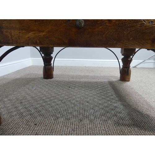 327 - A 20th century rustic style oak and iron Coffee Table with glass top, W 80cm x D 80cm x H 40cm.... 