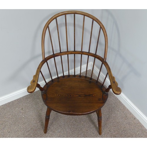 328 - A late 19th century ash and elm Windsor Chair, with stick back and shaped seat, on turned legs joine... 