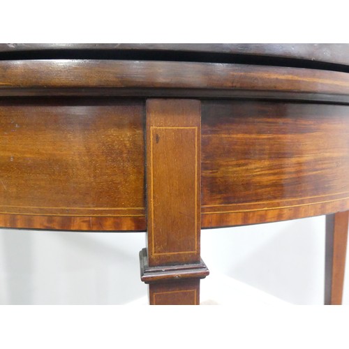 331 - An Edwardian mahogany inlaid demi-lune Card Table, with fold-over top lined with baize, raised on sq... 