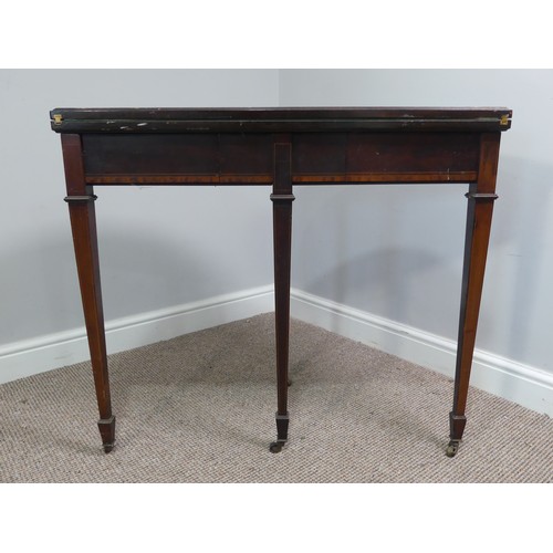 331 - An Edwardian mahogany inlaid demi-lune Card Table, with fold-over top lined with baize, raised on sq... 