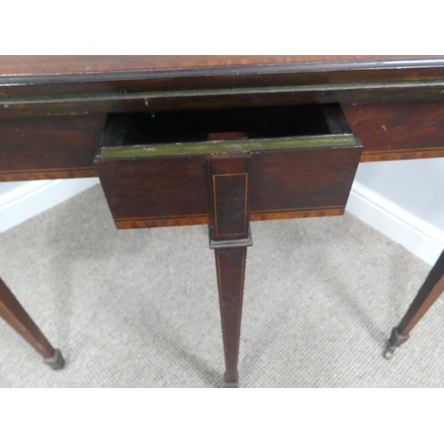 331 - An Edwardian mahogany inlaid demi-lune Card Table, with fold-over top lined with baize, raised on sq... 