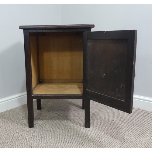 339 - Two associated oak bedside cupboards paired with a 19thC mahogany toilet mirror, latch on the conver... 