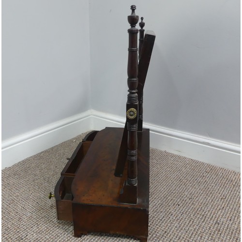 339 - Two associated oak bedside cupboards paired with a 19thC mahogany toilet mirror, latch on the conver... 