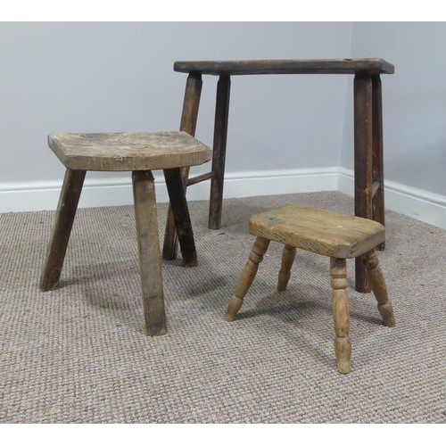 341 - An antique oak and elm Milking Stool, W 53cm x D 28cm x H 53cm, together with two others similar (3)... 