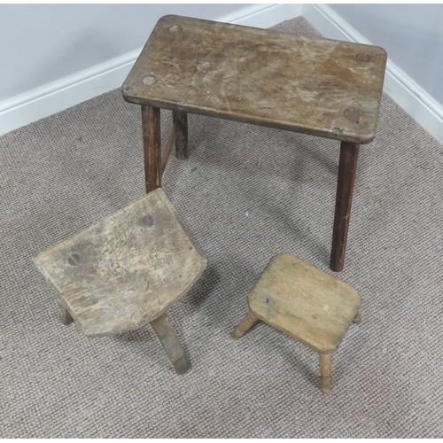 341 - An antique oak and elm Milking Stool, W 53cm x D 28cm x H 53cm, together with two others similar (3)... 