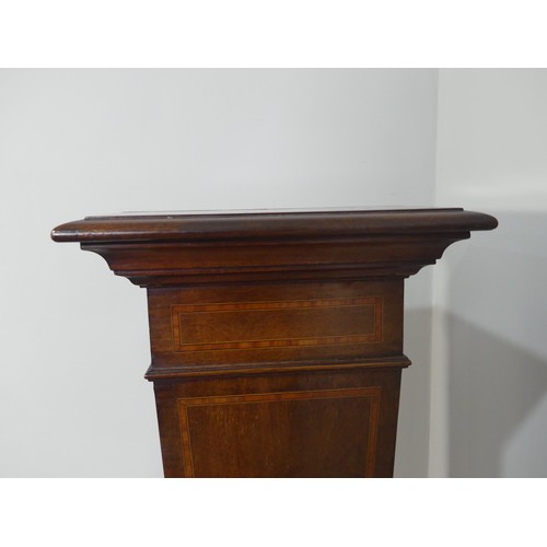 349 - An Edwardian inlaid mahogany torchere plant stand, has a split top. W 31cm x H 118cm x D 31cm.... 