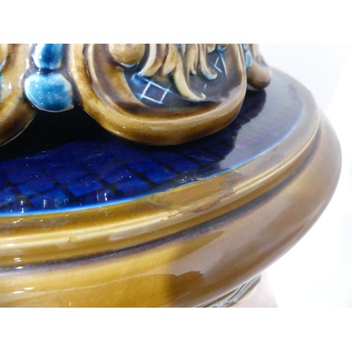 58 - A reproduction majolica pottery Jardiniere and Stand, stand is damaged with a chip, W 47cm x H 123cm... 