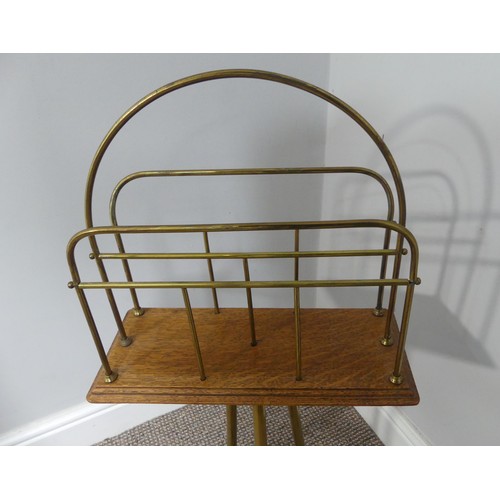 353 - An early 20th century brass and oak Magazine Stand, W 37cm x H 79cm x D 37cm.