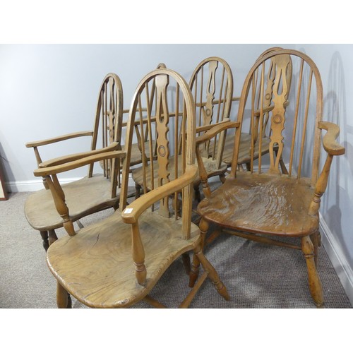 355 - A set of six ash and elm Windsor Armchairs, with hoop backs, W 59cm x H 100cm x D 56cm (6)... 