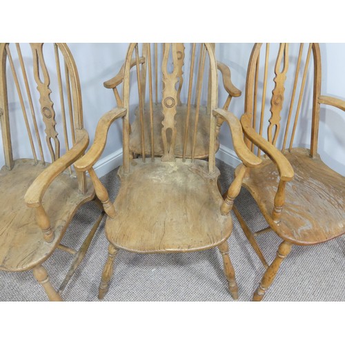 355 - A set of six ash and elm Windsor Armchairs, with hoop backs, W 59cm x H 100cm x D 56cm (6)... 