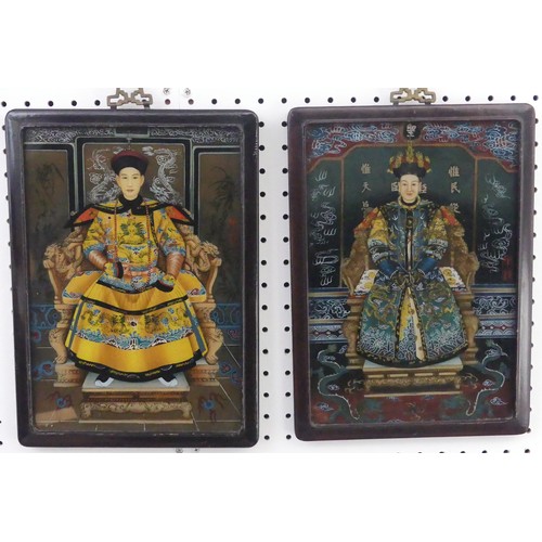 168 - A pair of early 20thC Chinese reverse painted pictures on glass, with printed and hand painted decor... 