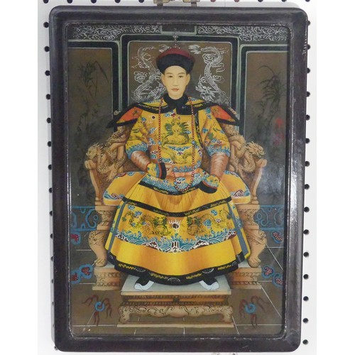 168 - A pair of early 20thC Chinese reverse painted pictures on glass, with printed and hand painted decor... 