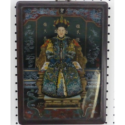 168 - A pair of early 20thC Chinese reverse painted pictures on glass, with printed and hand painted decor... 