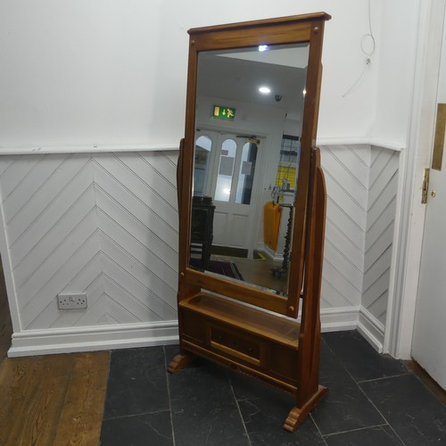 401 - A mid 20thC inlaid teak Cheval Mirror, with secret drawer, W 80cm x H 168.5cm x D 36cm.... 