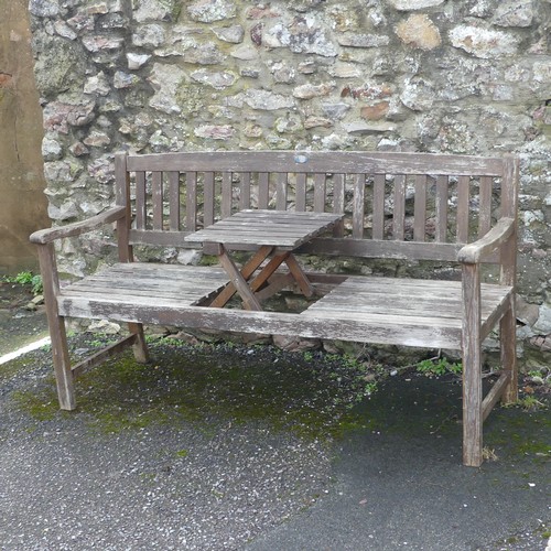 498 - A garden bench, with central drinks section, drinks section does not function, W 159cm x H 88cm x D ... 