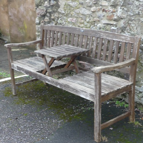 498 - A garden bench, with central drinks section, drinks section does not function, W 159cm x H 88cm x D ... 